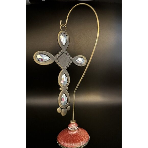 Kirklands Pink With Gold/Brass Colored Stone Cross With Pink/Metal Stand Holder - Picture 3 of 16
